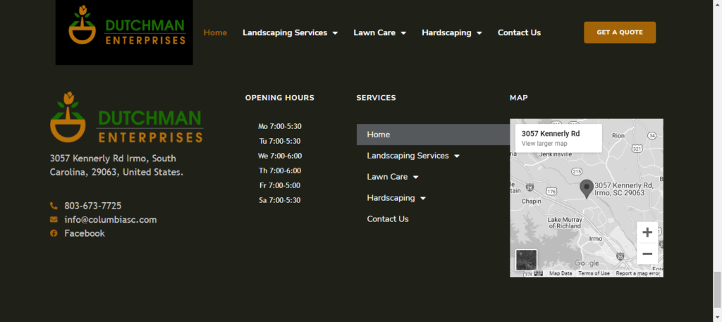 NAP INFORMATION ON WEBSITE FOOTER ON DUTCHMAN ENTERPRISES