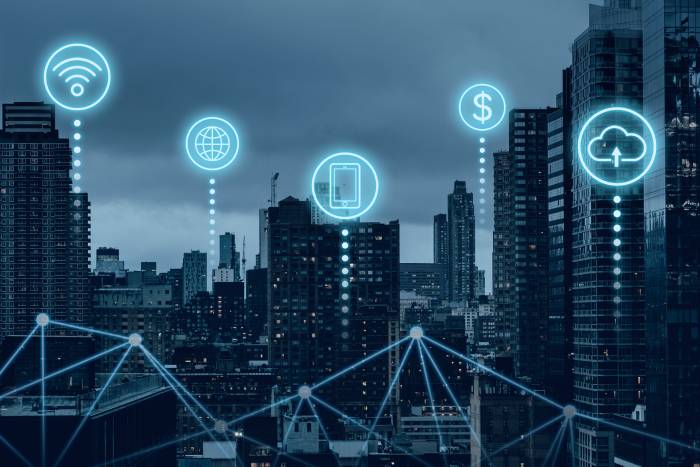 Smart city with high-tech buildings and interconnected marketing channels