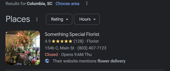 What Is the Best Way to Target Multiple Cities without Damaging SEO? EXAMPLE OF NAP DETAILS ON GOOGLE MAP PACK FOR THE KEYWORD " FLOWER SHOP IN COLUMBIA SC".