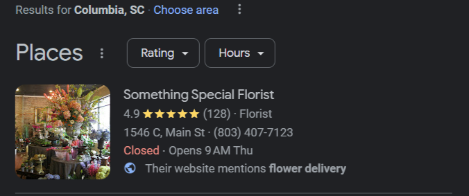 Example of NAP details on google map pack for the keyword " flower shop in columbia sc".